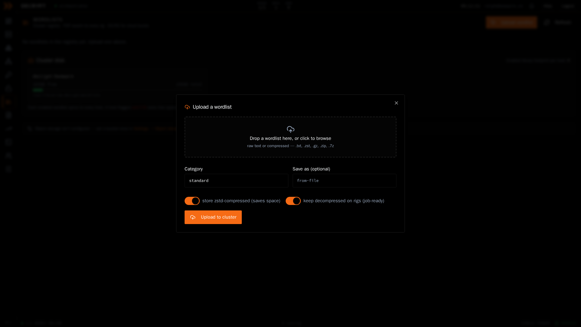 The Upload a wordlist dialog with drop zone, category, and storage options