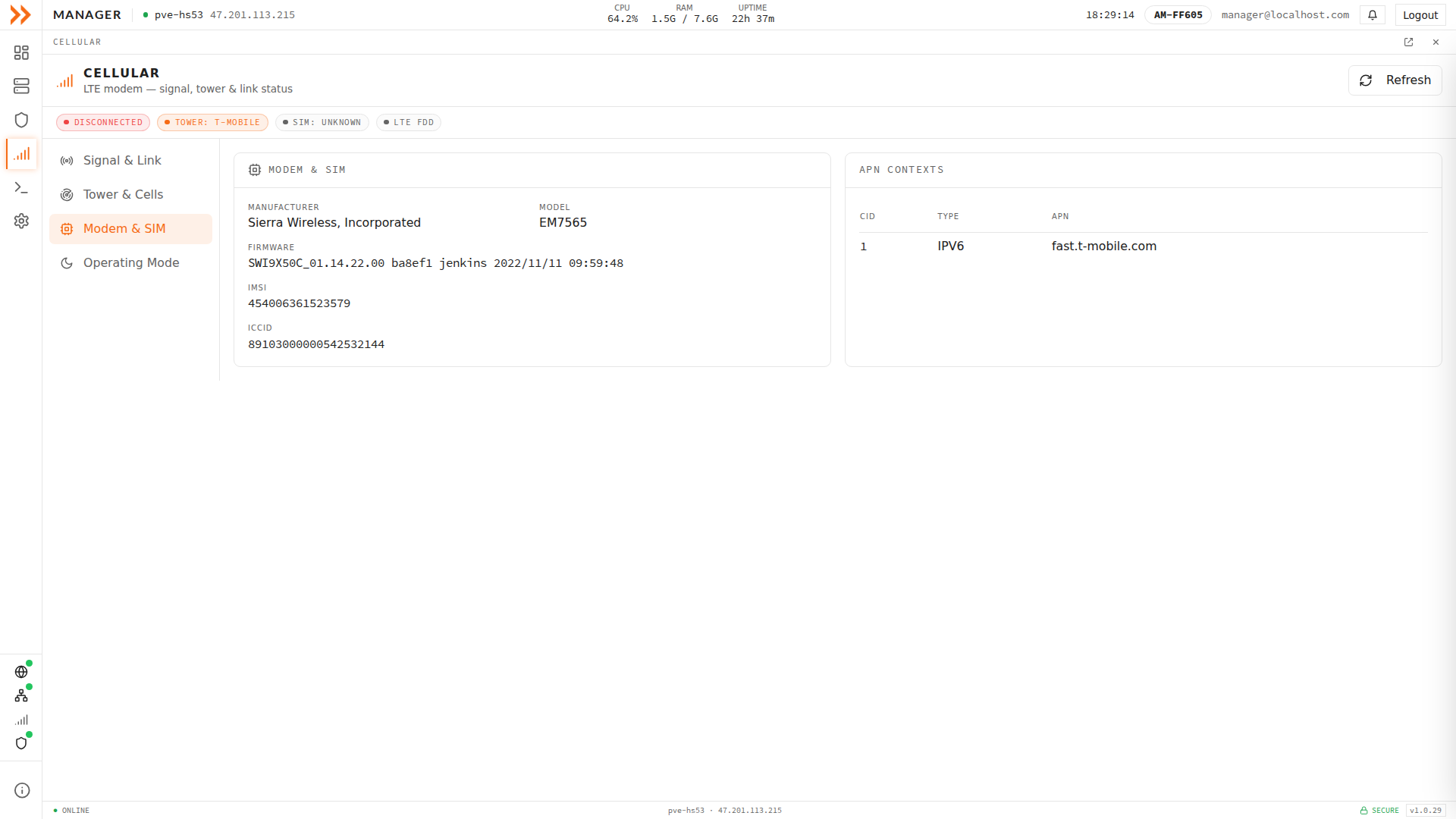 ARROW Manager Modem and SIM view with modem identity, SIM identifiers, and APN contexts
