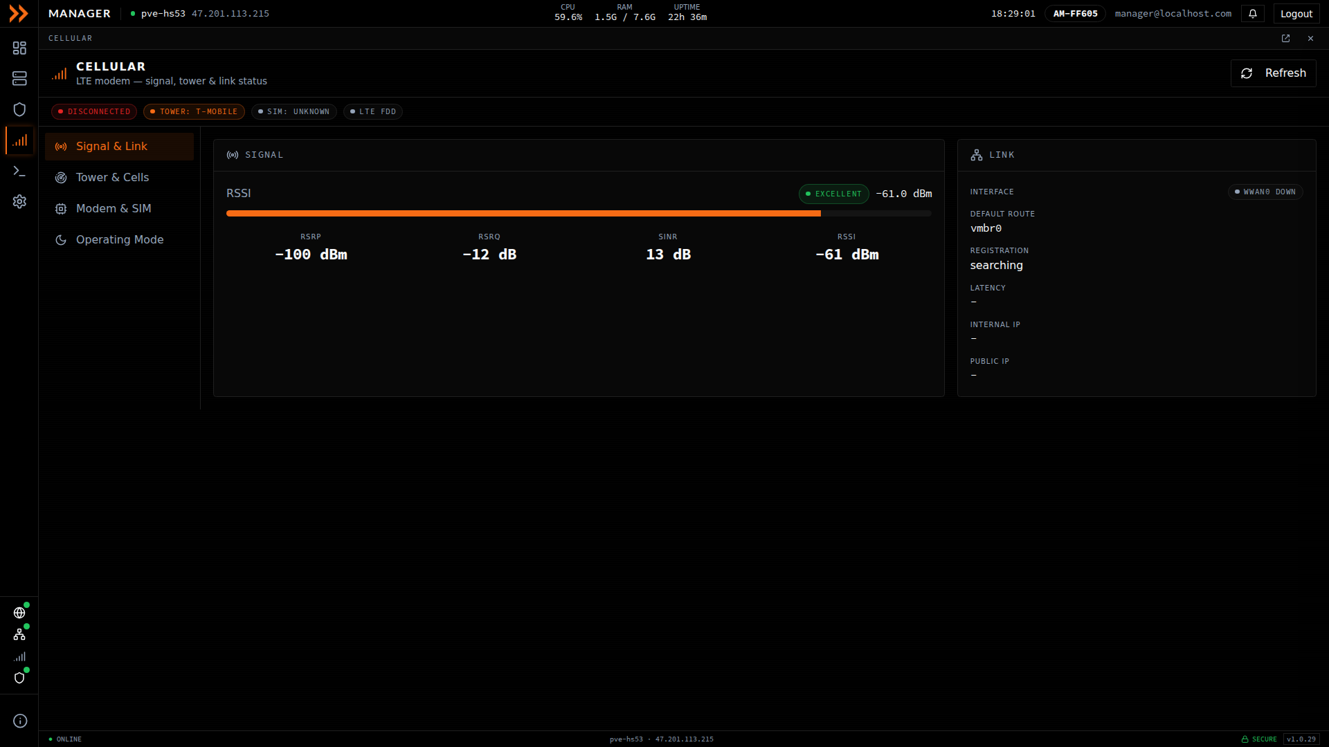 ARROW Manager cellular Signal and Link view with RSSI bar and link status