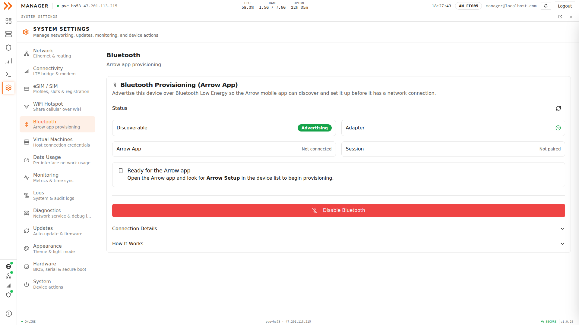 Bluetooth settings showing BLE advertising status for ARROW app provisioning