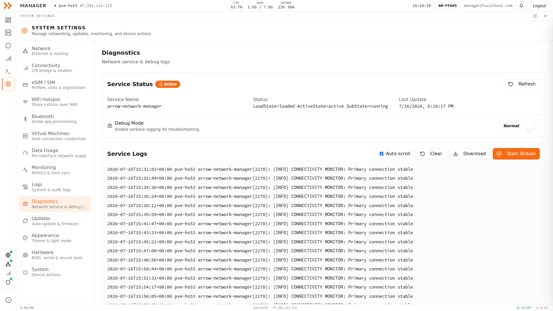 Diagnostics settings showing network service status and streamable debug logs