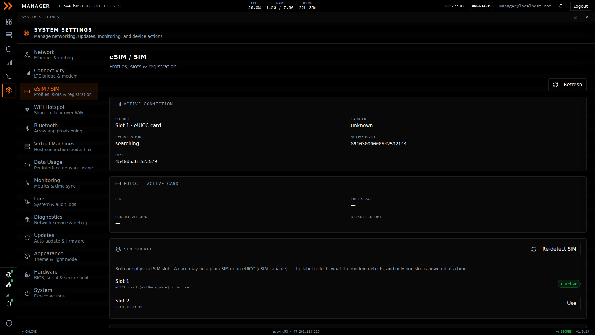 eSIM and SIM settings showing active connection, eUICC card details, and SIM slots