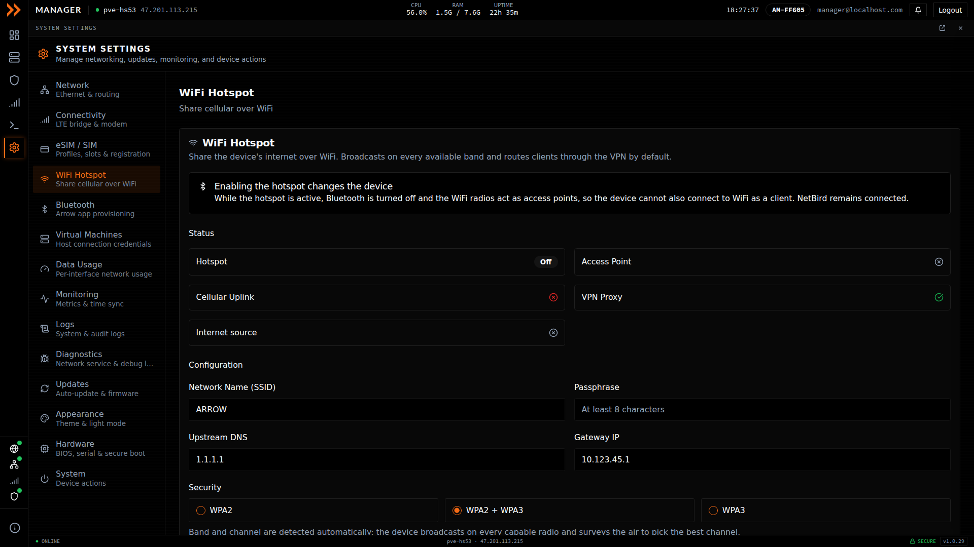 WiFi Hotspot settings showing SSID, passphrase, security, and uplink configuration