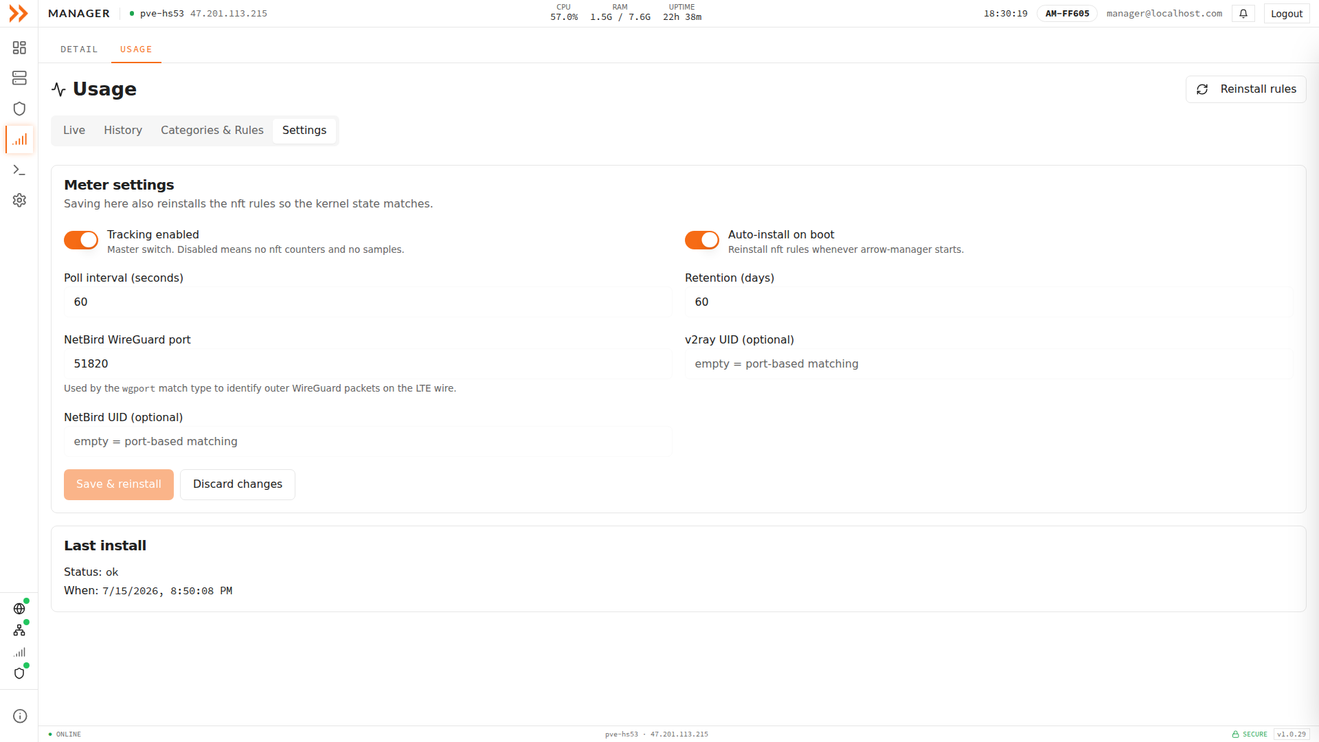 ARROW Manager Usage Settings tab with tracking, auto-install, poll interval, and retention