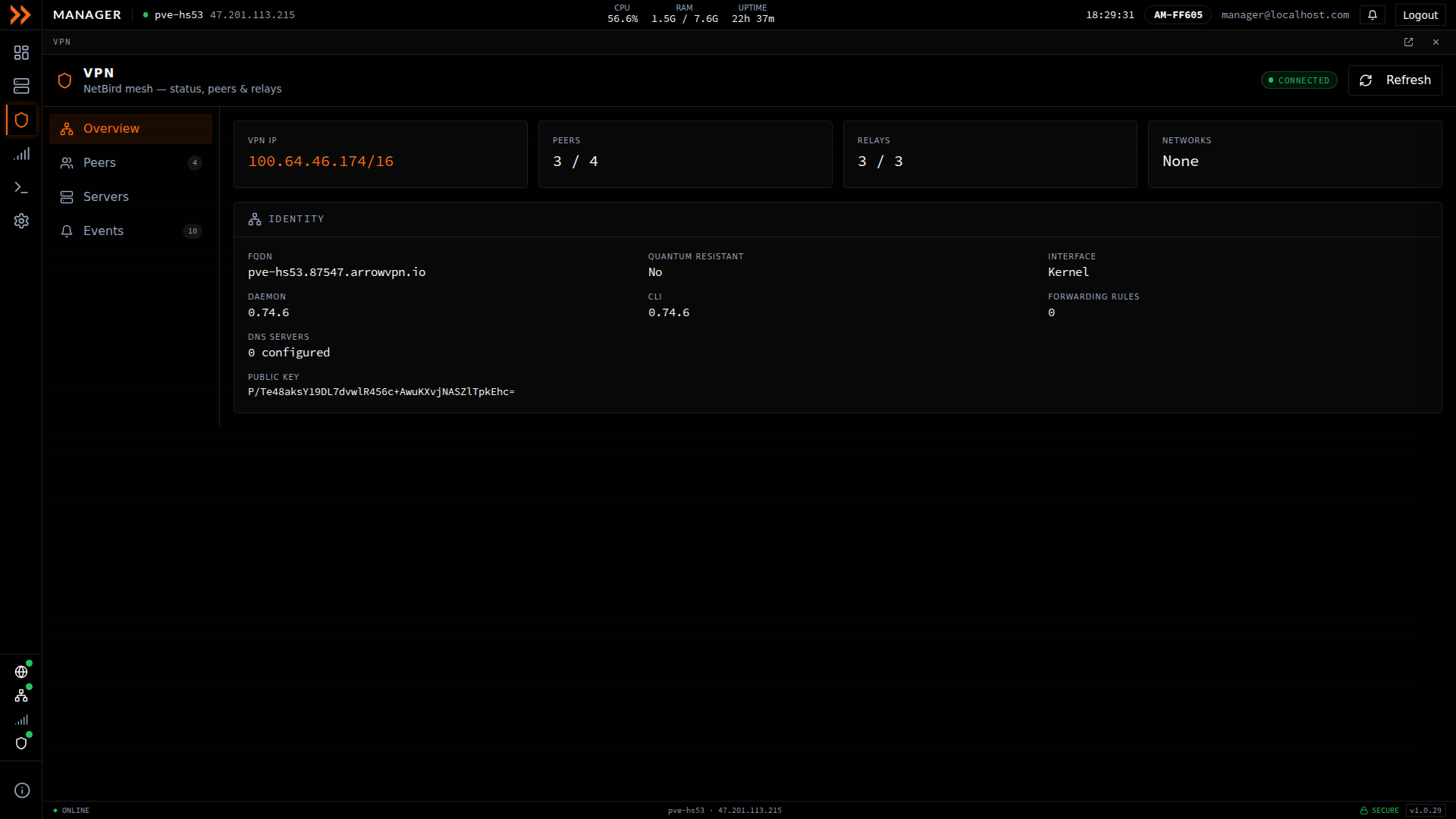 ARROW Manager VPN Overview with VPN IP, peer and relay counts, and NetBird identity