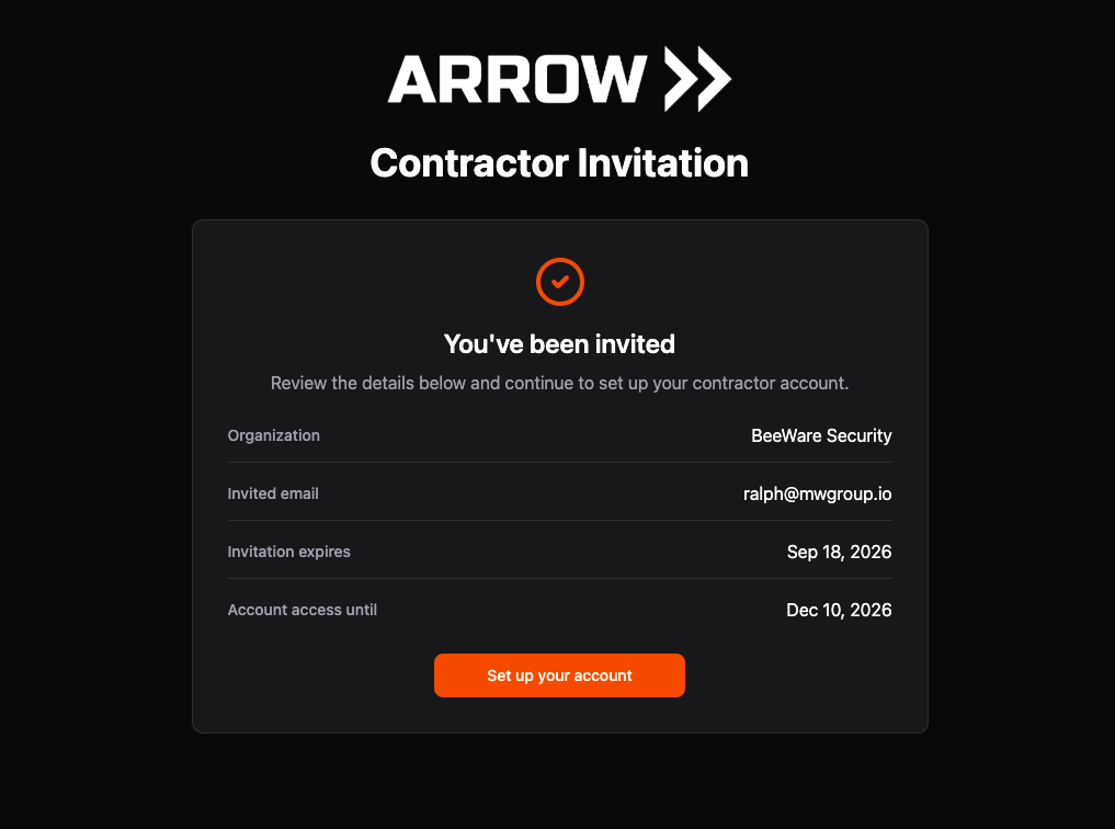 Contractor Invitation page with organization, invited email, two expiry dates, and Set up your account
