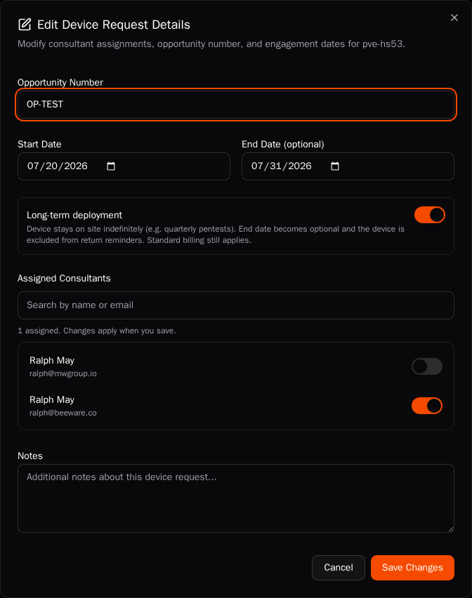 Edit Device Request Details dialog with Assigned Consultants and Save Changes