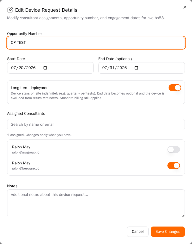 Edit Device Request Details dialog with Assigned Consultants and Save Changes