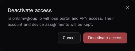 Deactivate access confirmation dialog with Cancel and Deactivate access buttons