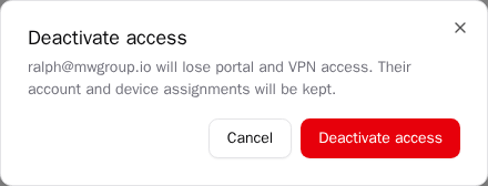 Deactivate access confirmation dialog with Cancel and Deactivate access buttons