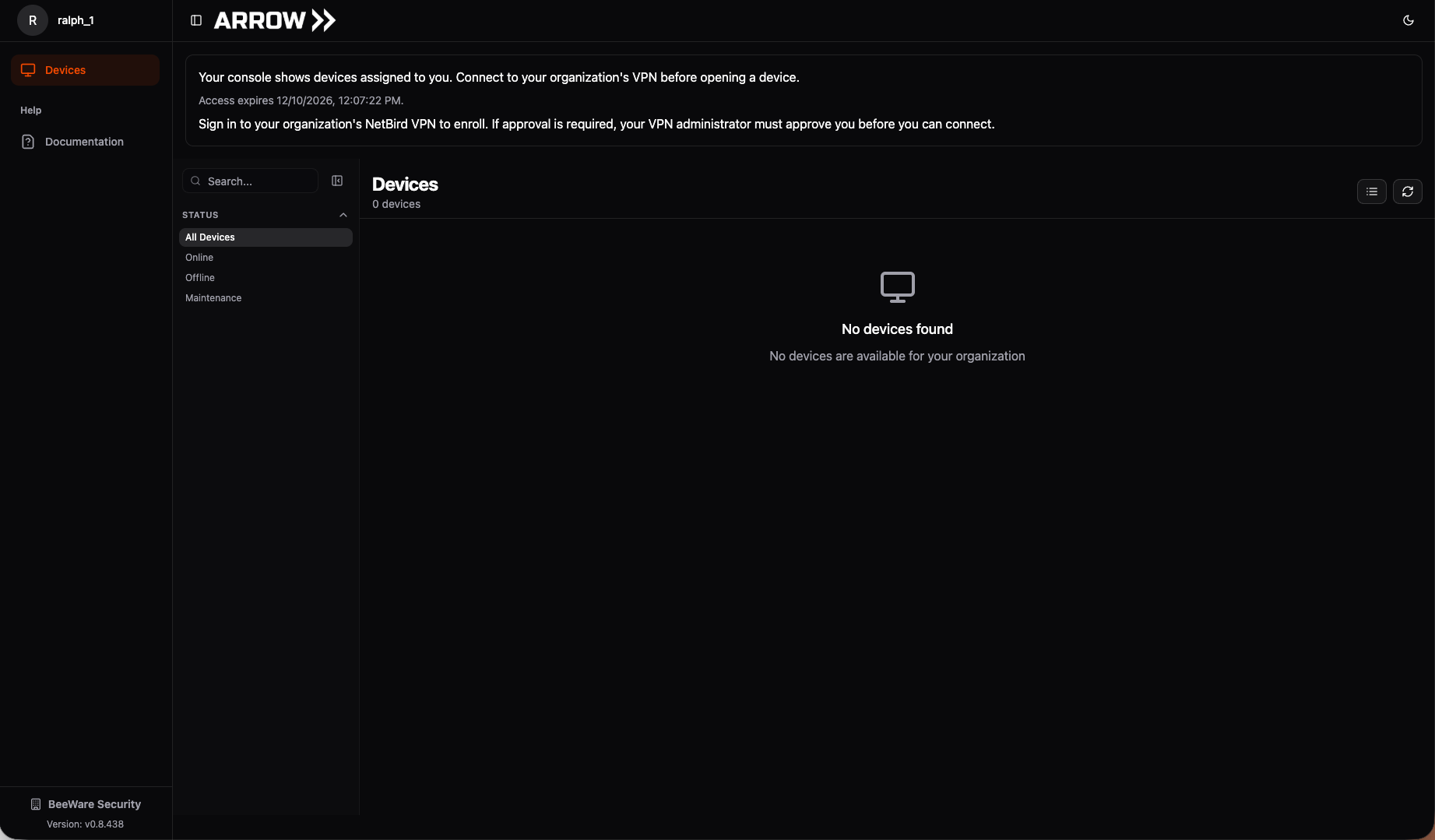 Contractor Devices console showing access expiry, VPN enrollment guidance, and no assigned devices