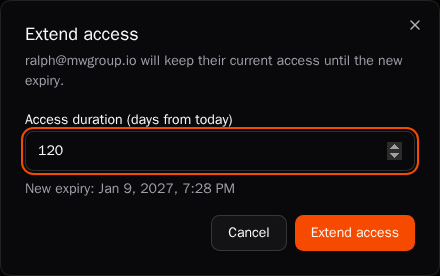 Extend access dialog with duration in days from today and a new expiry preview