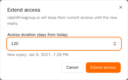 Extend access dialog with duration in days from today and a new expiry preview