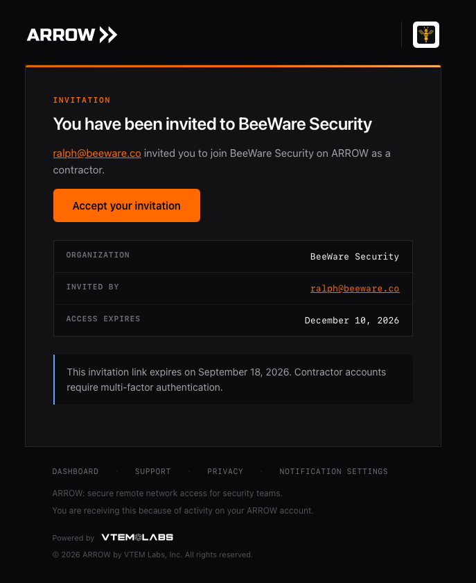 Contractor invitation email with Accept your invitation and separate invitation and access expiry dates