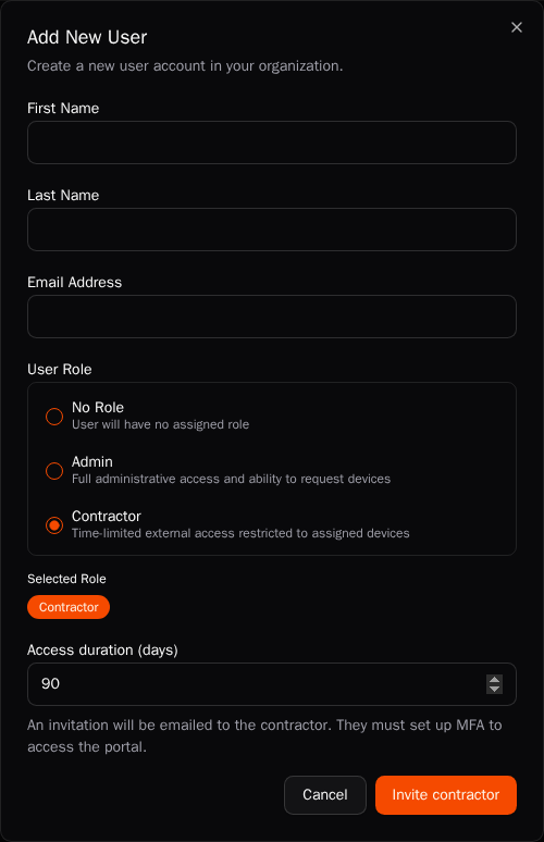 Add New User dialog with Contractor selected and an access duration