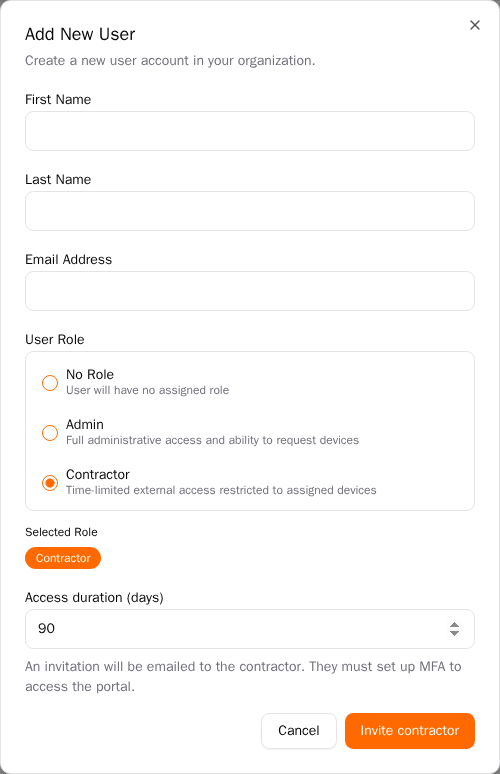 Add New User dialog with Contractor selected and an access duration