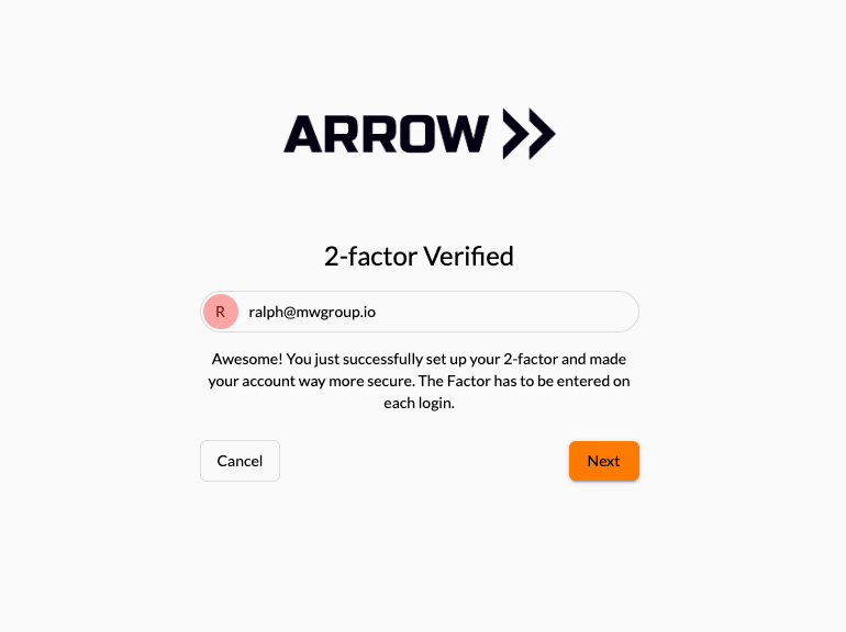 2-factor Verified confirmation with a Next button