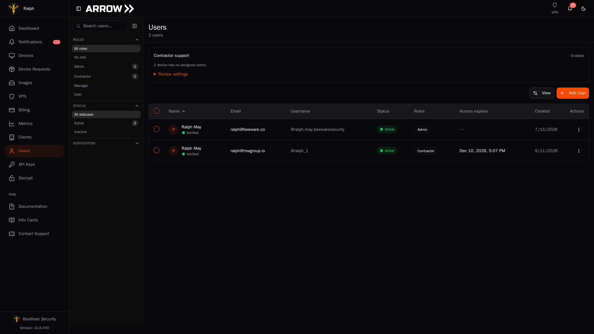 Users page with the Contractor support panel enabled