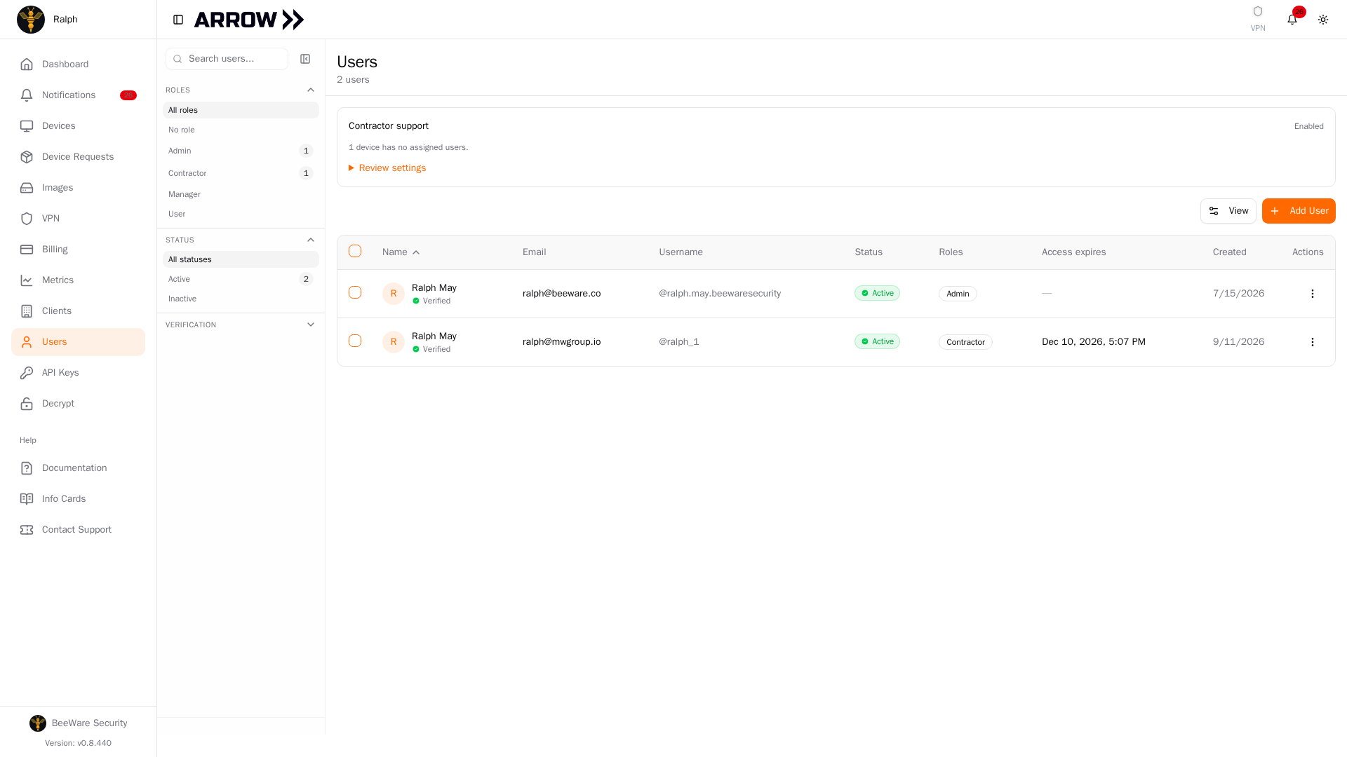 Users page with the Contractor support panel enabled