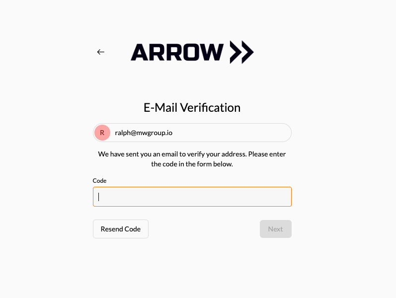 E-Mail Verification screen with an empty Code field and Resend Code button