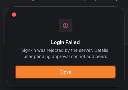 NetBird client login error stating user pending approval cannot add peers